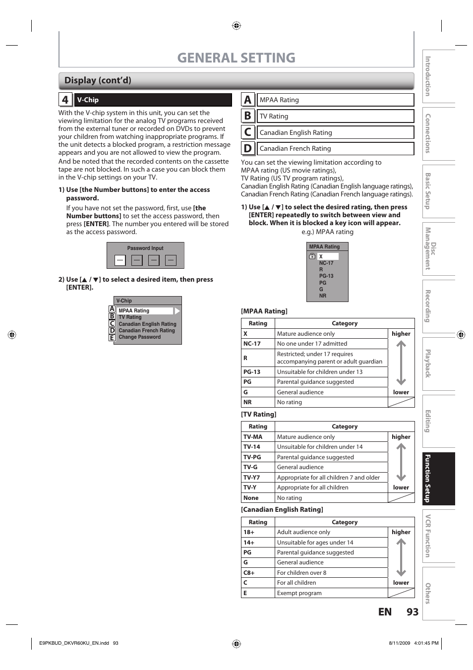 General setting, 93 en 93 en, Display (cont’d) | Toshiba DKVR60KU User Manual | Page 93 / 113