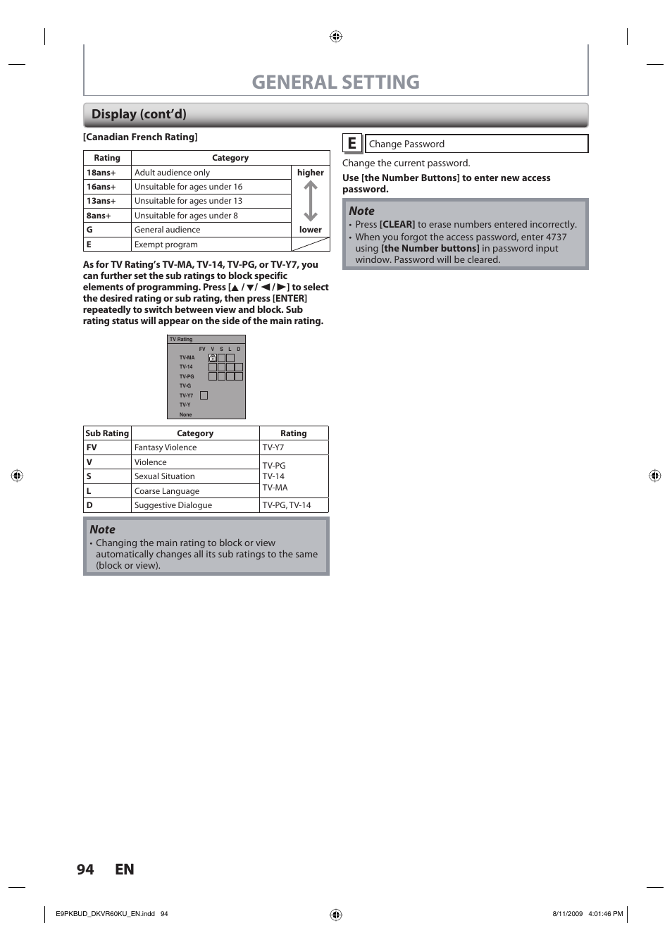 General setting, 94 en 94 en, Display (cont’d) | Toshiba DKVR60KU User Manual | Page 94 / 113