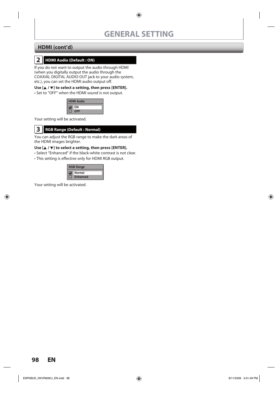 General setting, 98 en 98 en, Hdmi (cont’d) | Toshiba DKVR60KU User Manual | Page 98 / 113