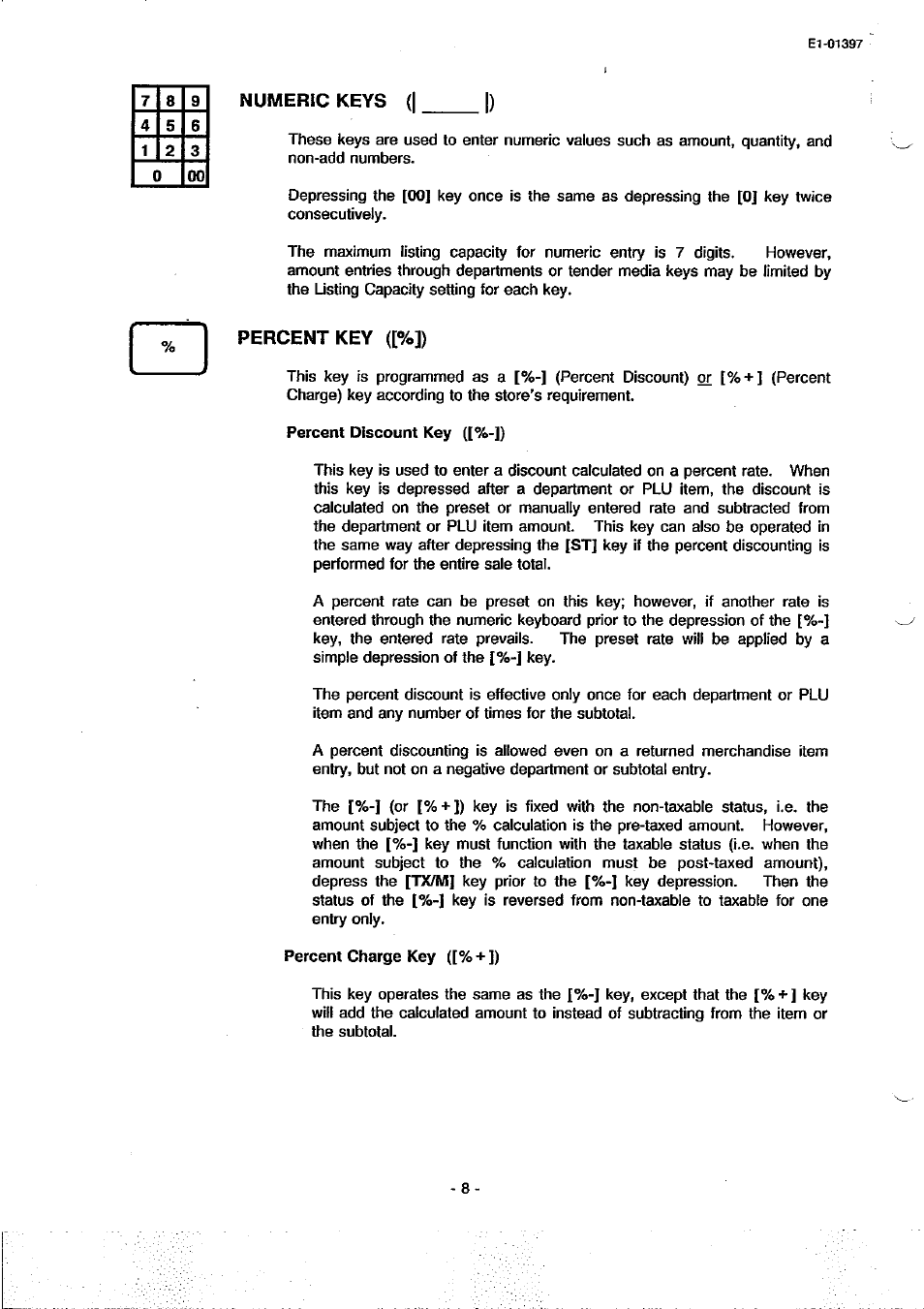 Numeric keys, Percent key | Toshiba TEC MA-79 User Manual | Page 11 / 72