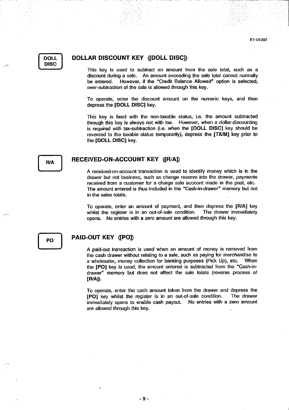 Dollar discount key ([doll disc]), Received-on-account key ([r/a]), Paid-out key ([po]) | Toshiba TEC MA-79 User Manual | Page 12 / 72