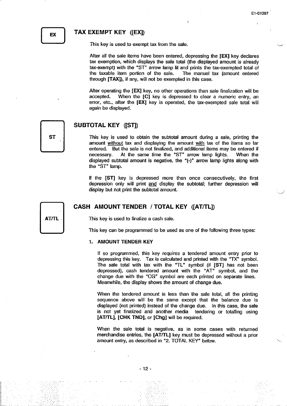 Tax exempt key ([ex]), Subtotal key ([st]), Cash amount tender / total key ([atytl]) | Toshiba TEC MA-79 User Manual | Page 15 / 72