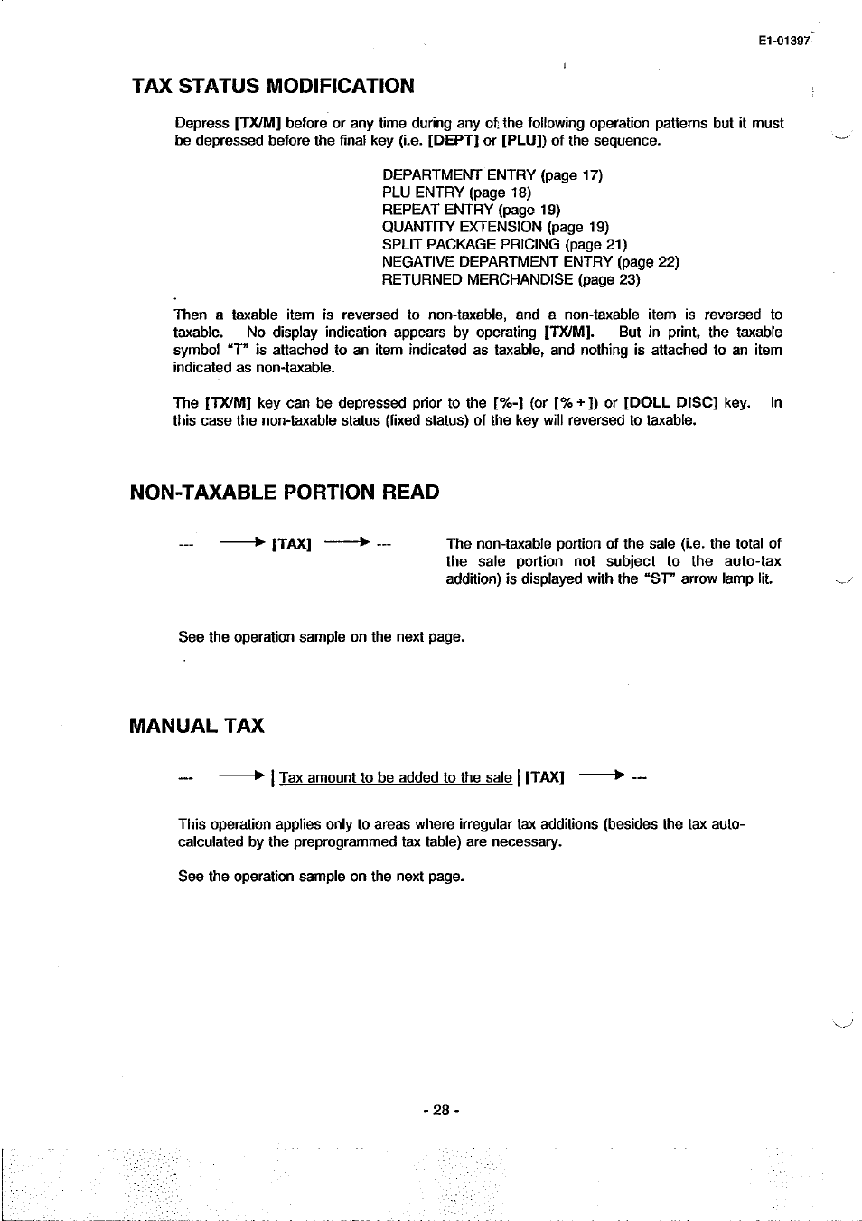 Tax status modification, Non-taxable portion read, Manual tax | Toshiba TEC MA-79 User Manual | Page 31 / 72