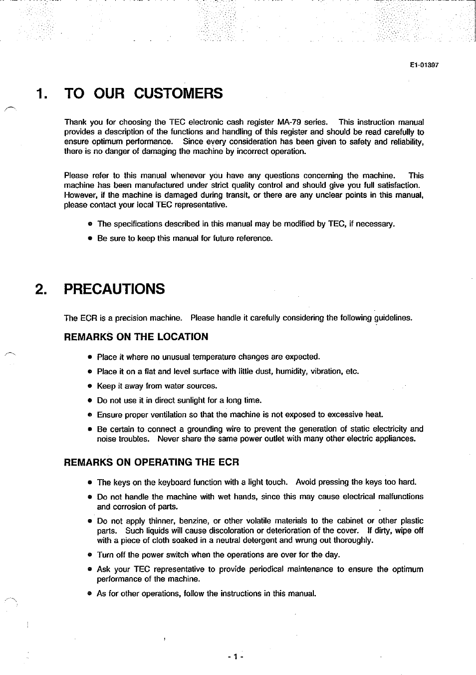 Remarks on the location, Remarks on operating the ecr, Precautions | Toshiba TEC MA-79 User Manual | Page 4 / 72