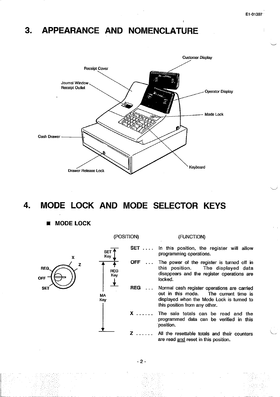 Mode lock, Appearance and nomenclature, Mode lock and mode selector keys | Toshiba TEC MA-79 User Manual | Page 5 / 72