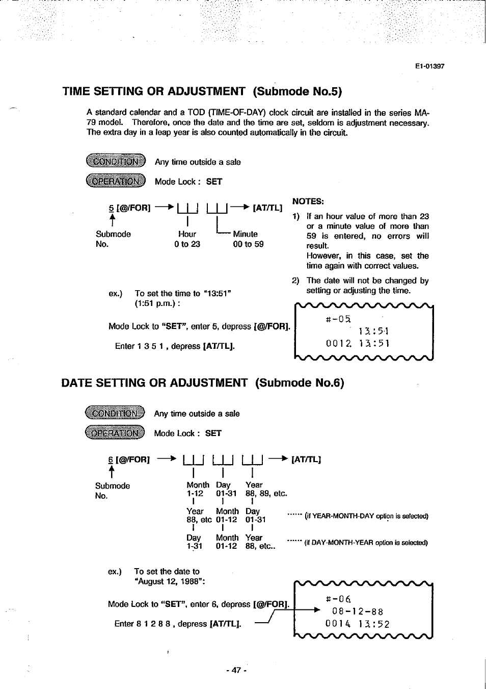 Time setting or adjustment (submode no.5), Date setting or adjustment (submode no.6), Lu l i | Lu uj uj i, I i i | Toshiba TEC MA-79 User Manual | Page 50 / 72