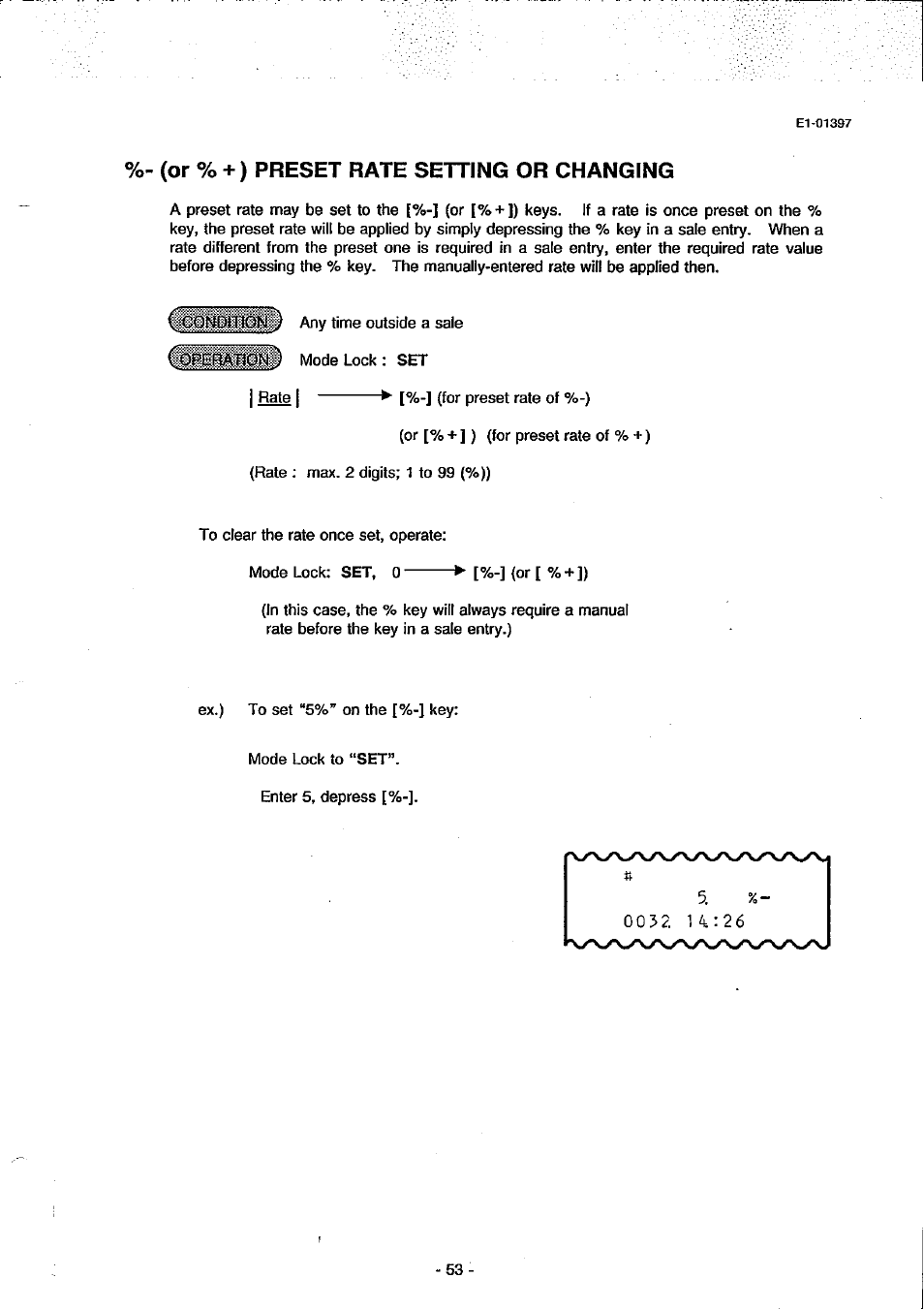 Or % + ) preset rate setting or changing, O r % + ) preset rate setting or changing | Toshiba TEC MA-79 User Manual | Page 56 / 72