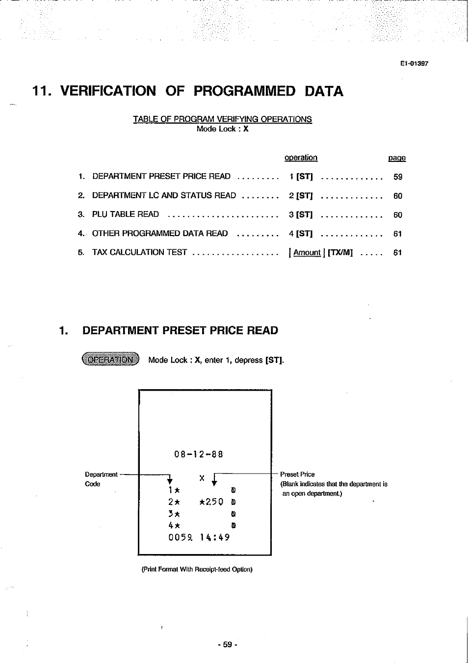 Department preset price read, Verification of programmed data | Toshiba TEC MA-79 User Manual | Page 62 / 72