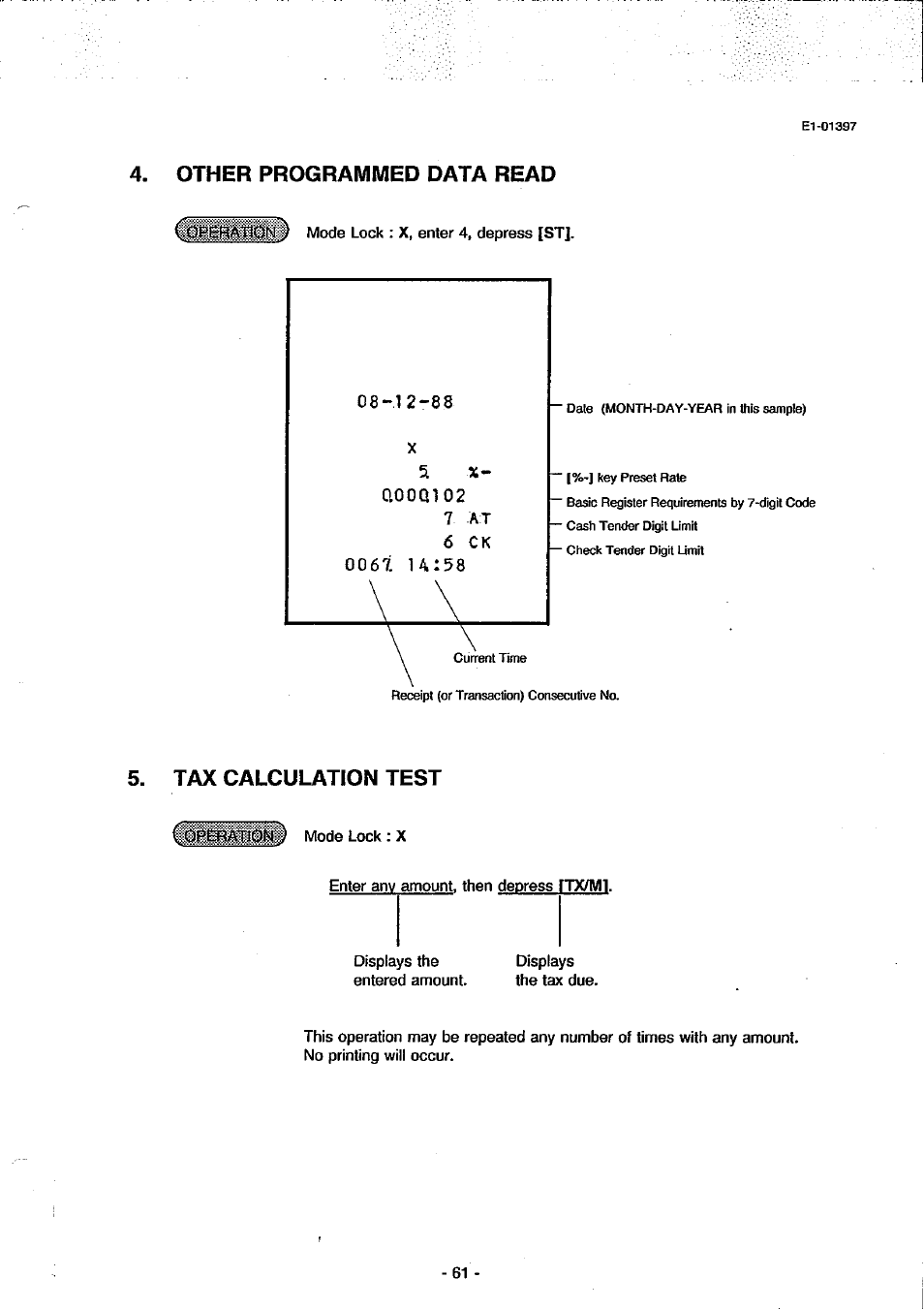 Other programmed data read, Tax calculation test | Toshiba TEC MA-79 User Manual | Page 64 / 72