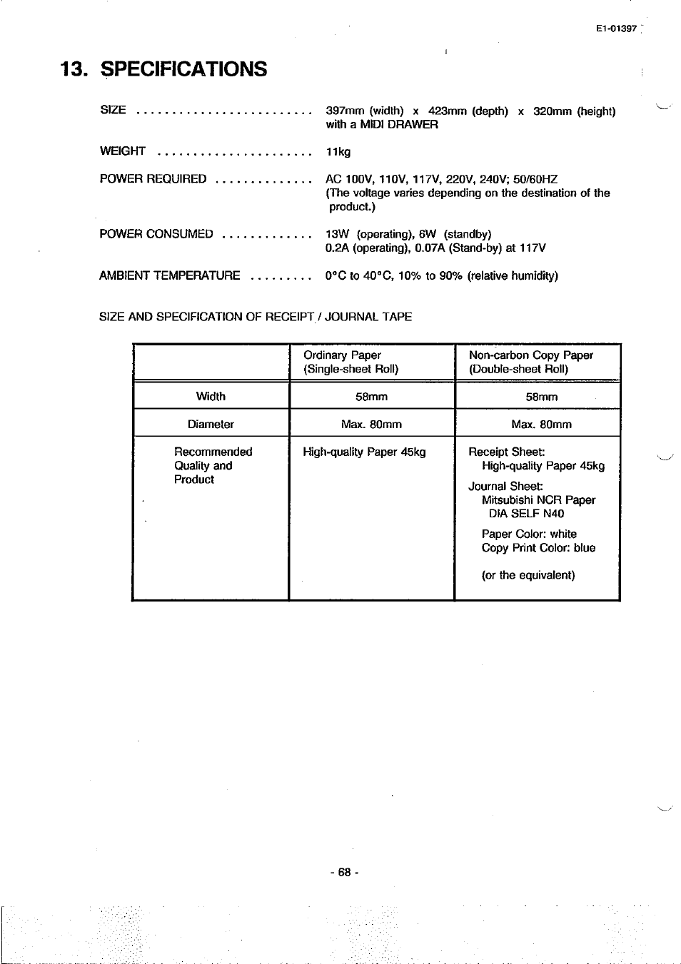 Specifications | Toshiba TEC MA-79 User Manual | Page 71 / 72