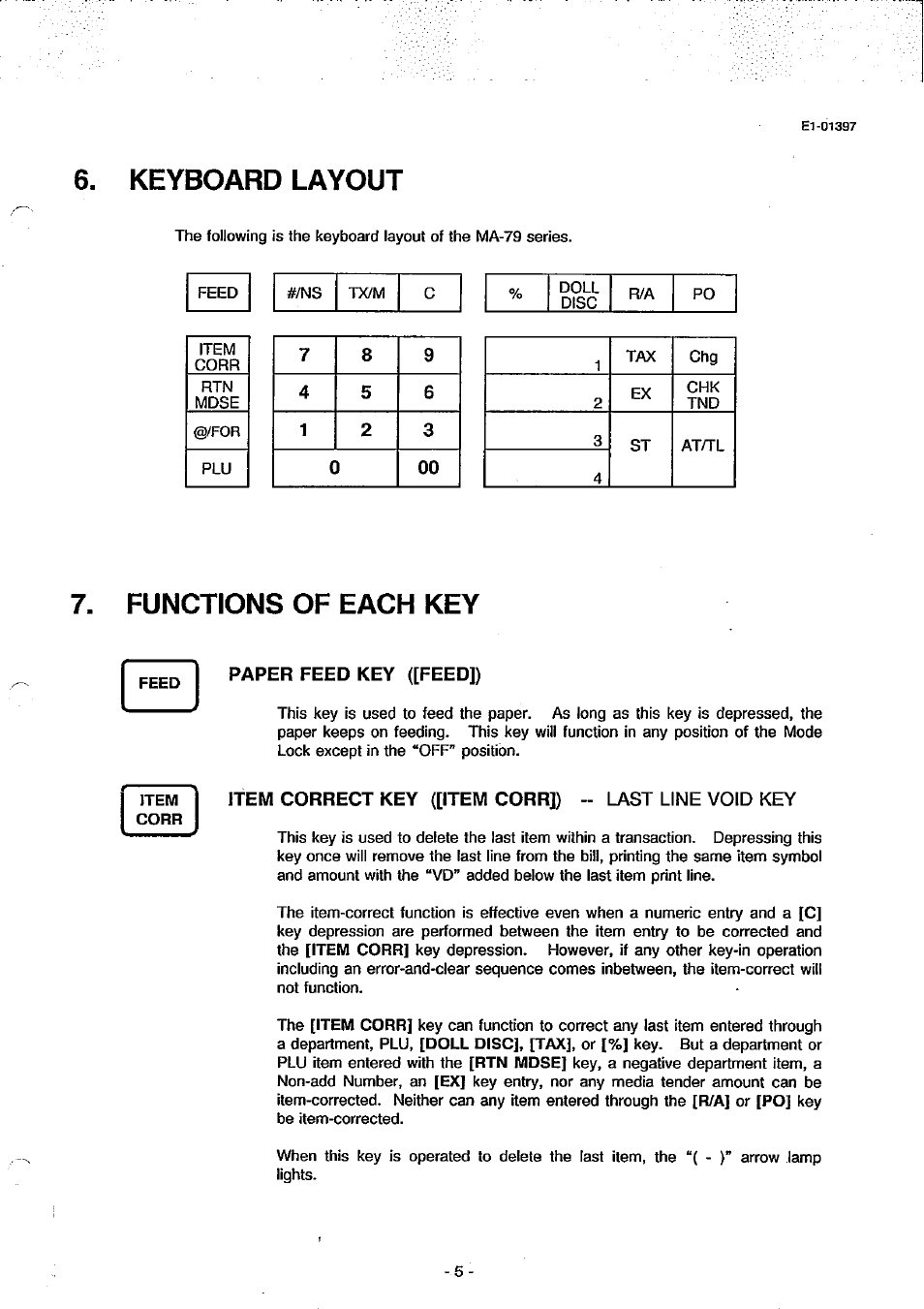 Paper feed key ([feed]), Keyboard layout, Functions of each key | Toshiba TEC MA-79 User Manual | Page 8 / 72