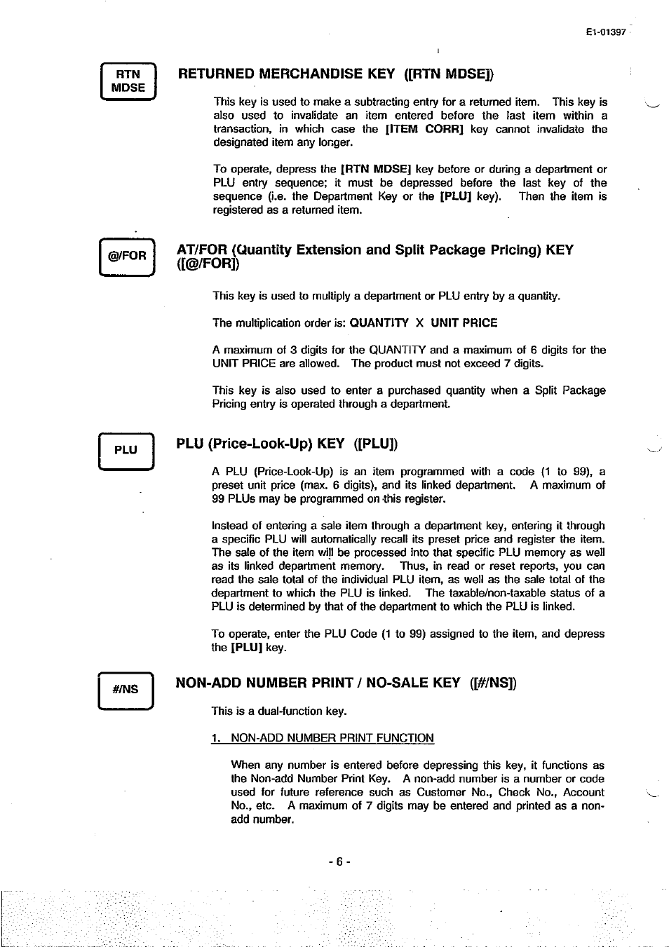 Returned merchandise key ([rtn mdse]), Plu (price-look-up) key ([plu]), Non-add number print / no-sale key ([#/ns]) | Toshiba TEC MA-79 User Manual | Page 9 / 72