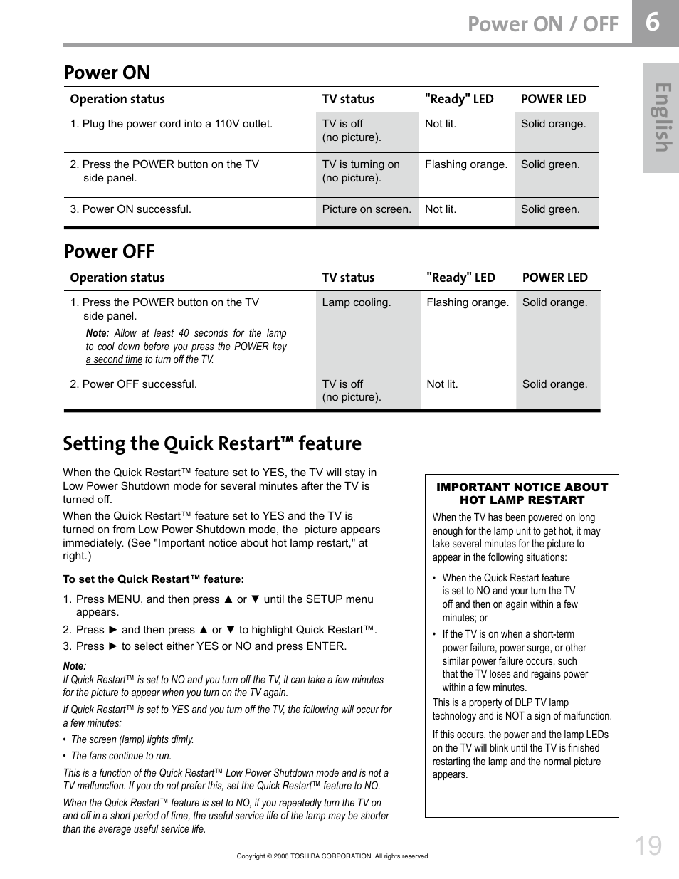 En glis h, Power on / off, Power on | Power off, Setting the quick restart™ feature | Toshiba 42HM66 User Manual | Page 19 / 36