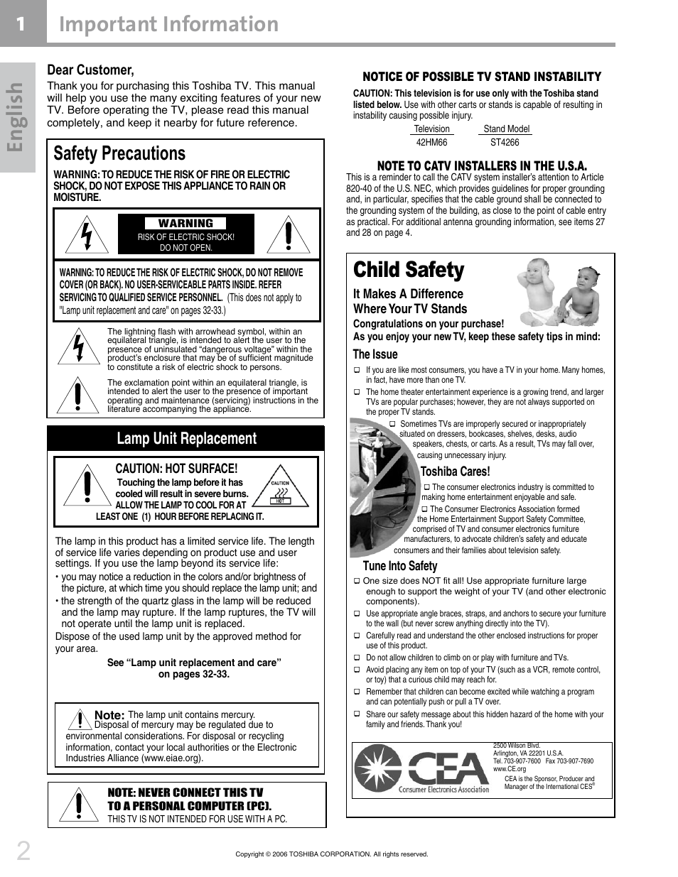 En gl ish, Child safety, Important information | Safety precautions, Lamp unit replacement, Dear customer | Toshiba 42HM66 User Manual | Page 2 / 36