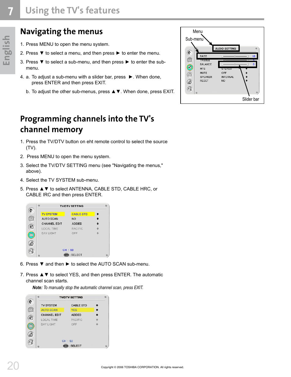 En gl ish, Using the tv's features, Navigating the menus | Toshiba 42HM66 User Manual | Page 20 / 36