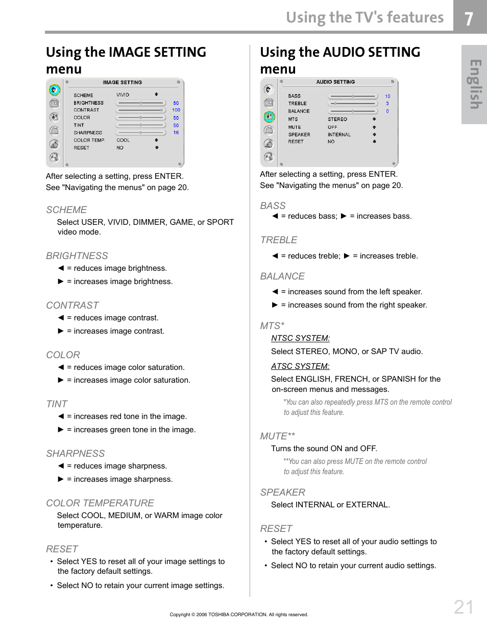 En glis h, Using the tv's features, Using the image setting menu | Using the audio setting menu | Toshiba 42HM66 User Manual | Page 21 / 36