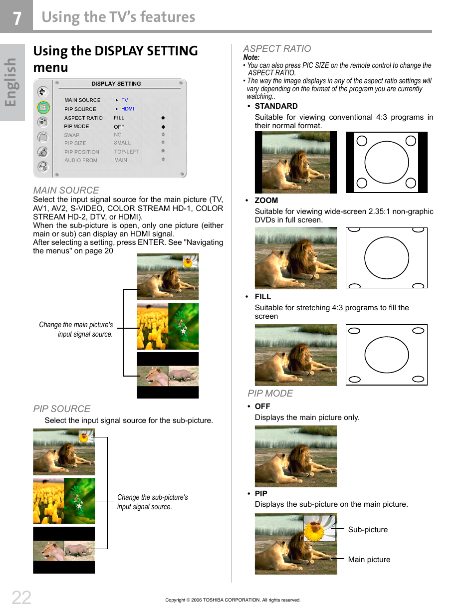 En gl ish, Using the tv’s features, Using the display setting menu | Toshiba 42HM66 User Manual | Page 22 / 36