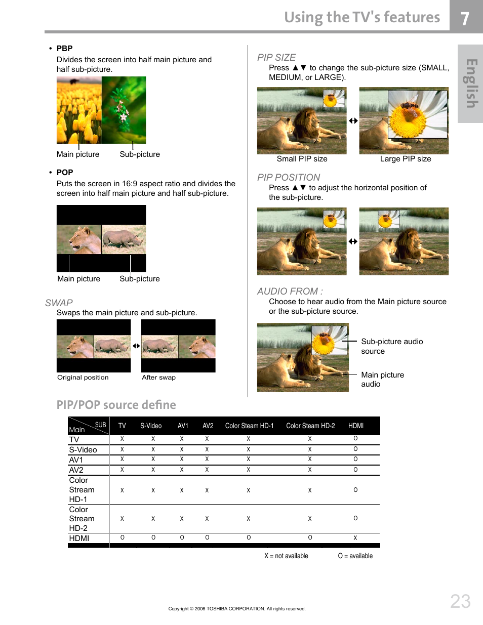 En glis h, Using the tv's features, Pip/pop source define | Toshiba 42HM66 User Manual | Page 23 / 36