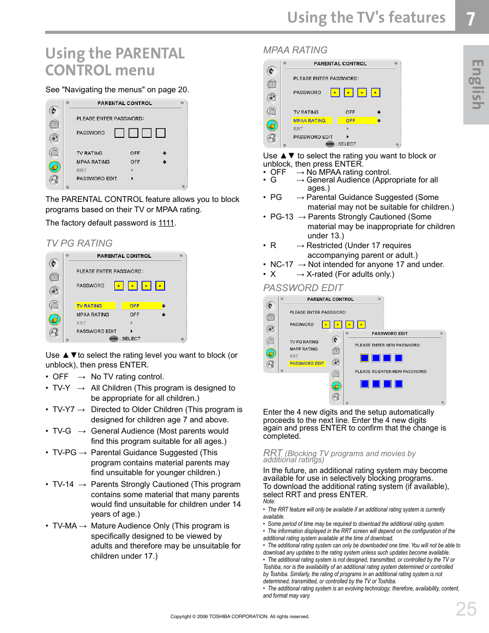 En glis h, Using the tv's features, Using the parental control menu | Toshiba 42HM66 User Manual | Page 25 / 36