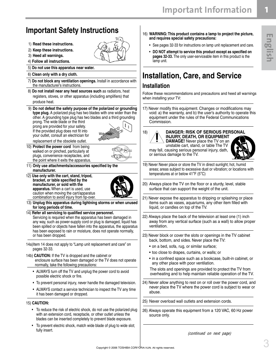 En glis h, Important information, Installation, care, and service | Important safety instructions, Installation | Toshiba 42HM66 User Manual | Page 3 / 36