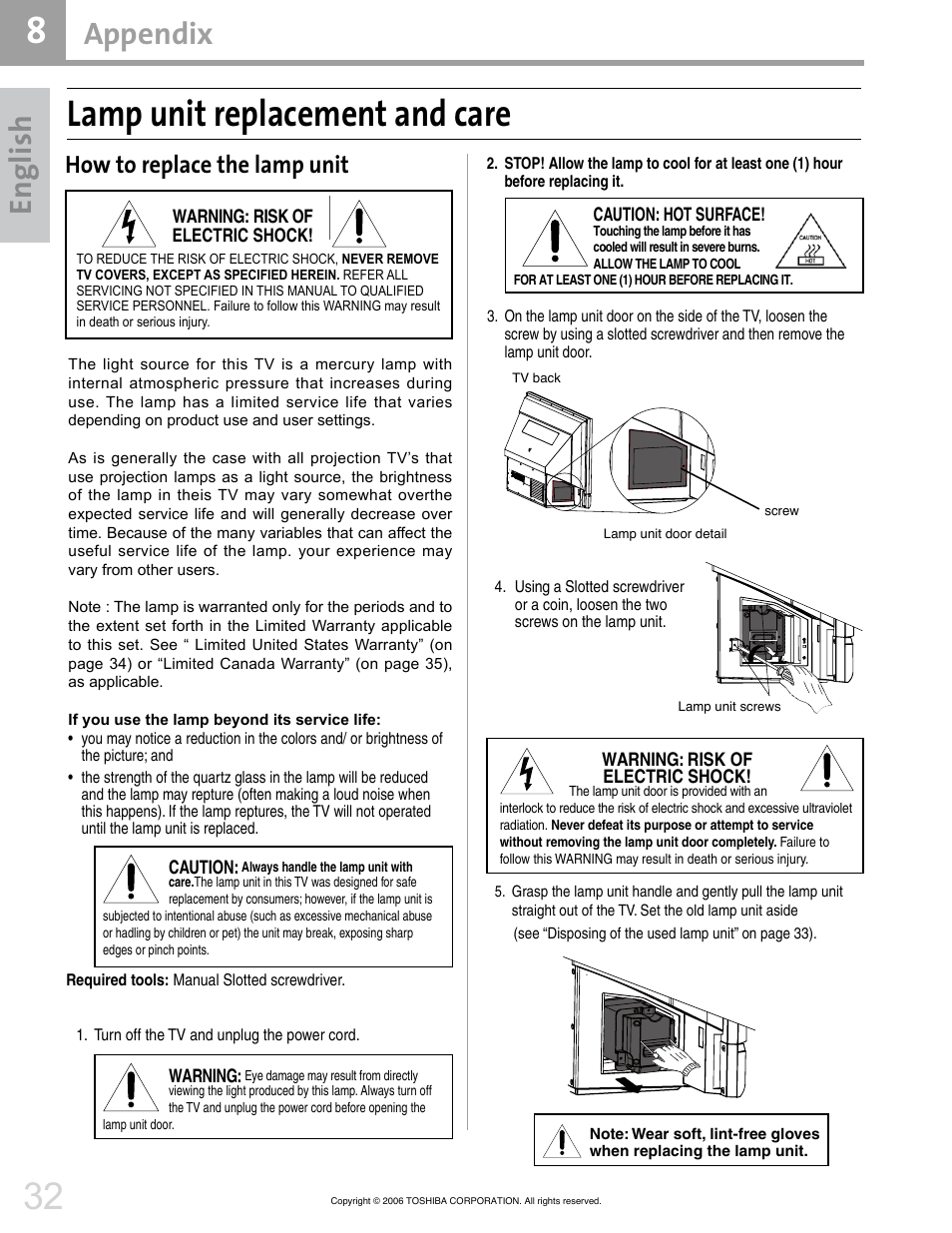 Lamp unit replacement and care, En gl ish, Appendix | How to replace the lamp unit | Toshiba 42HM66 User Manual | Page 32 / 36