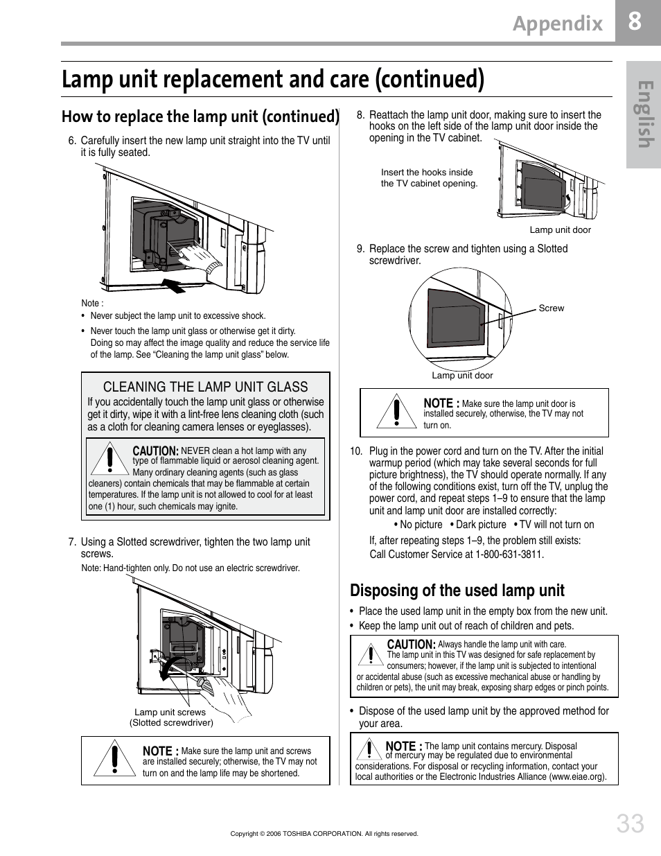 Lamp unit replacement and care (continued), En glis h, Appendix | Disposing of the used lamp unit, How to replace the lamp unit (continued) | Toshiba 42HM66 User Manual | Page 33 / 36