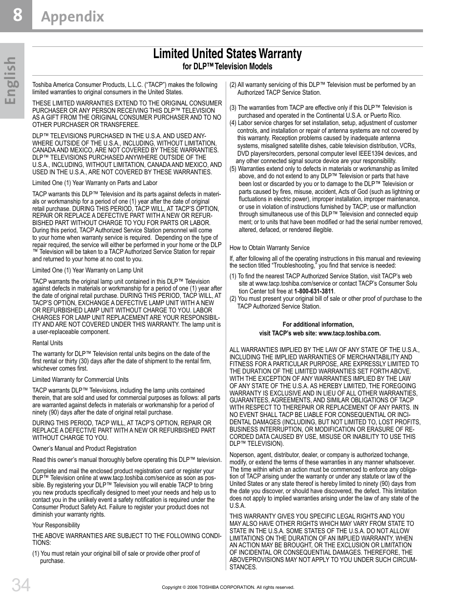 En gl ish, Appendix, Limited united states warranty | Toshiba 42HM66 User Manual | Page 34 / 36
