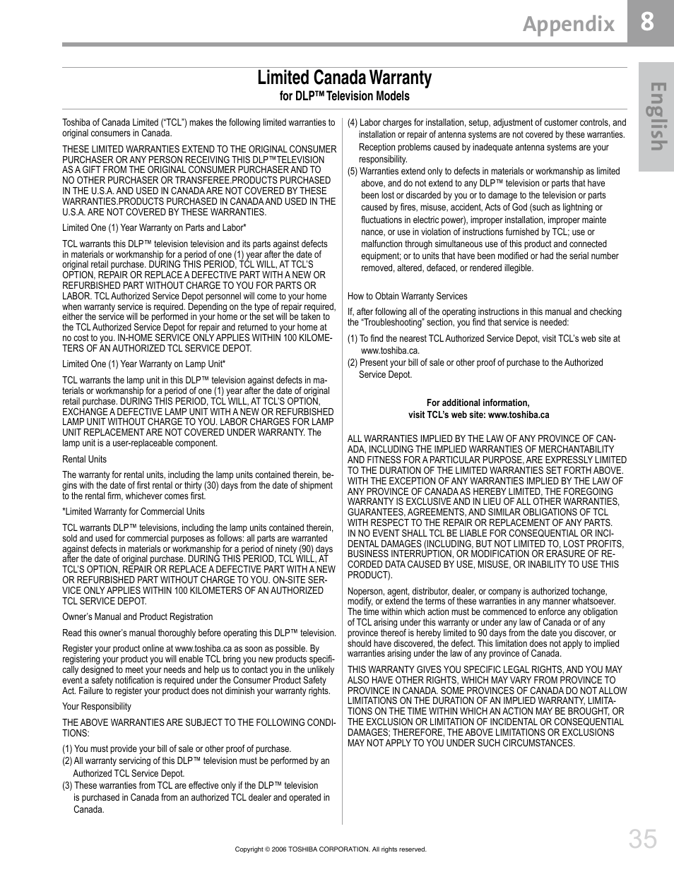 En glis h, Appendix, Limited canada warranty | Toshiba 42HM66 User Manual | Page 35 / 36