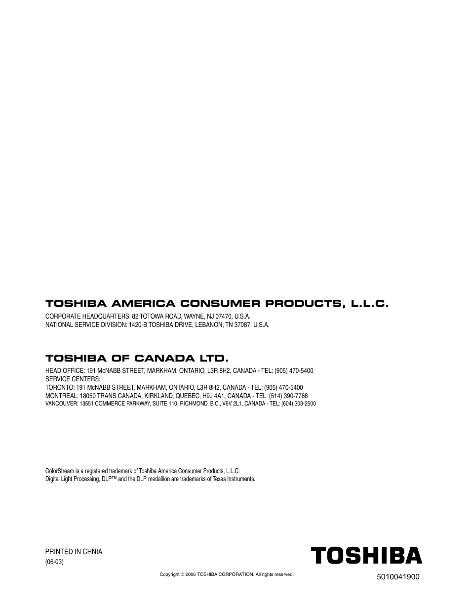Toshiba america consumer products, l.l.c, Toshiba of canada ltd | Toshiba 42HM66 User Manual | Page 36 / 36