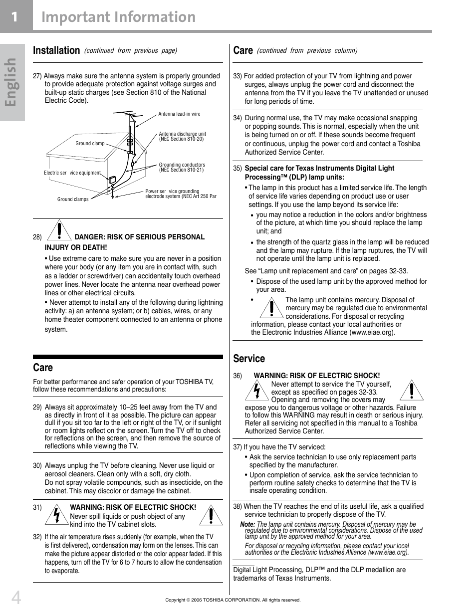 En gl ish, Important information, Care | Service, Installation | Toshiba 42HM66 User Manual | Page 4 / 36