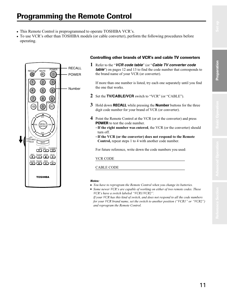 Programming the remote control | Toshiba 27A40 User Manual | Page 11 / 36