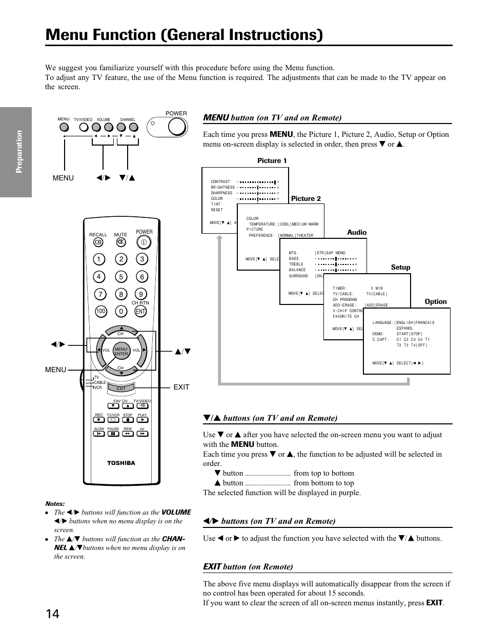 Menu function (general instructions), Menu button (on tv and on remote), Buttons (on tv and on remote) | T / s buttons (on tv and on remote), Exit button (on remote), T/s t/s, S/t t/s, Menu, Exit menu picture 1 picture 2 audio setup option | Toshiba 27A40 User Manual | Page 14 / 36