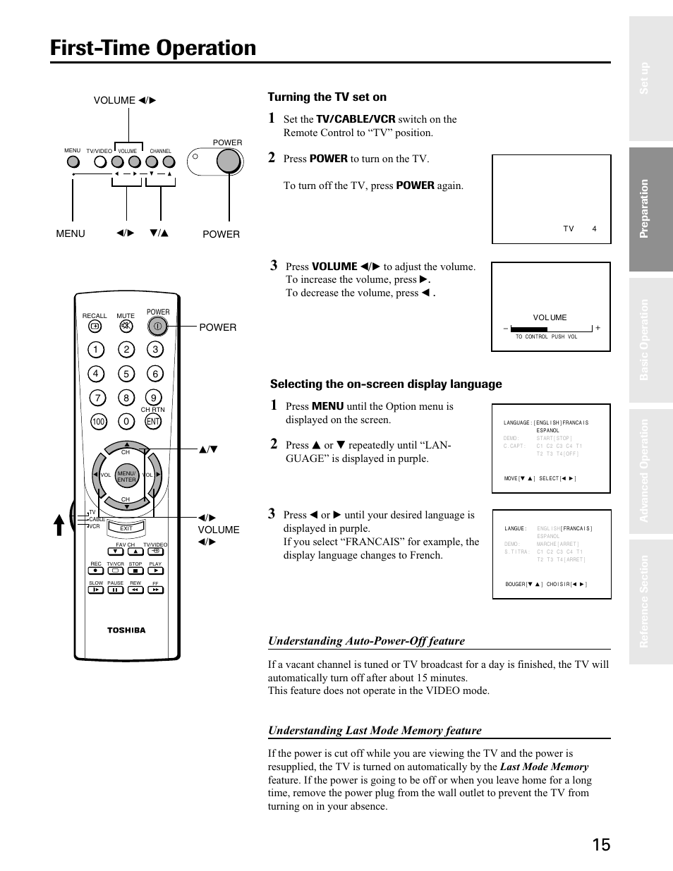 First-time operation, Turning the tv set on, Selecting the on-screen display language | Understanding auto-power-off feature, Preparation | Toshiba 27A40 User Manual | Page 15 / 36