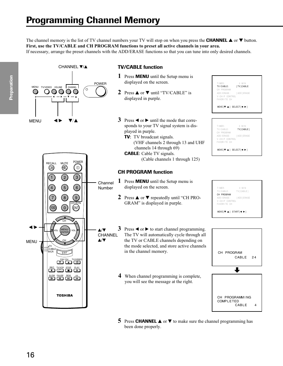 Programming channel memory, Tv/cable function, Ch program function | T/s t/s | Toshiba 27A40 User Manual | Page 16 / 36