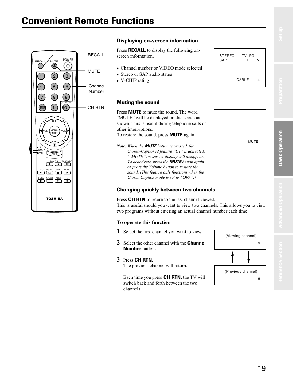 Convenient remote functions, Muting the sound | Toshiba 27A40 User Manual | Page 19 / 36