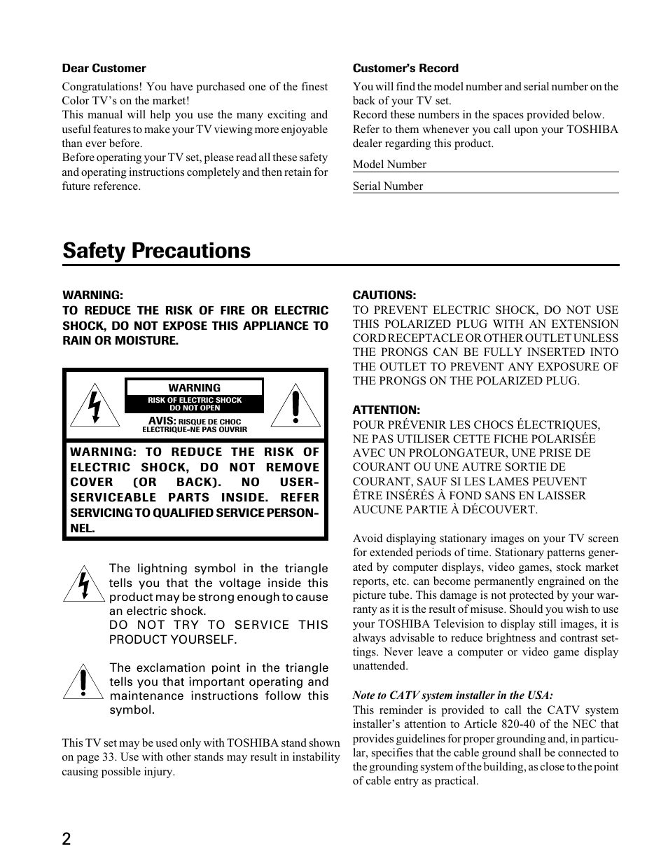 Safety precautions | Toshiba 27A40 User Manual | Page 2 / 36