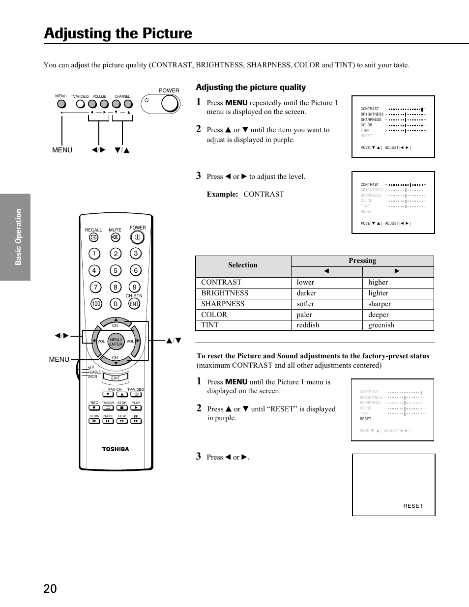Adjusting the picture, Adjusting the picture quality, Press s or t until “reset” is displayed in purple | Press t or s, T/s t/s | Toshiba 27A40 User Manual | Page 20 / 36