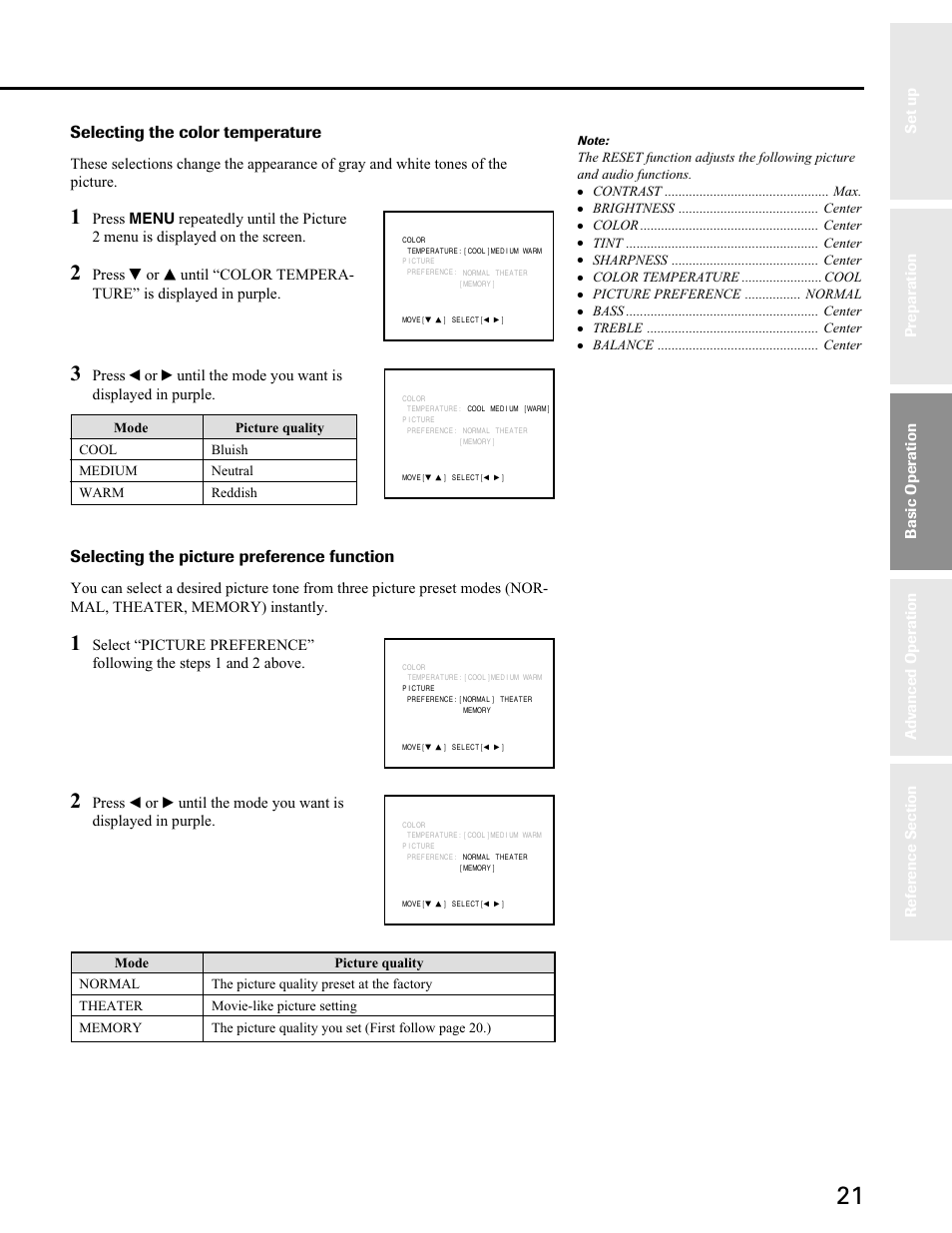 Selecting the color temperature, Selecting the picture preference function | Toshiba 27A40 User Manual | Page 21 / 36