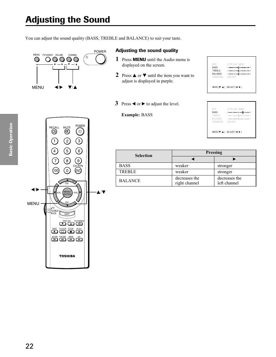 Adjusting the sound, Adjusting the sound quality | Toshiba 27A40 User Manual | Page 22 / 36