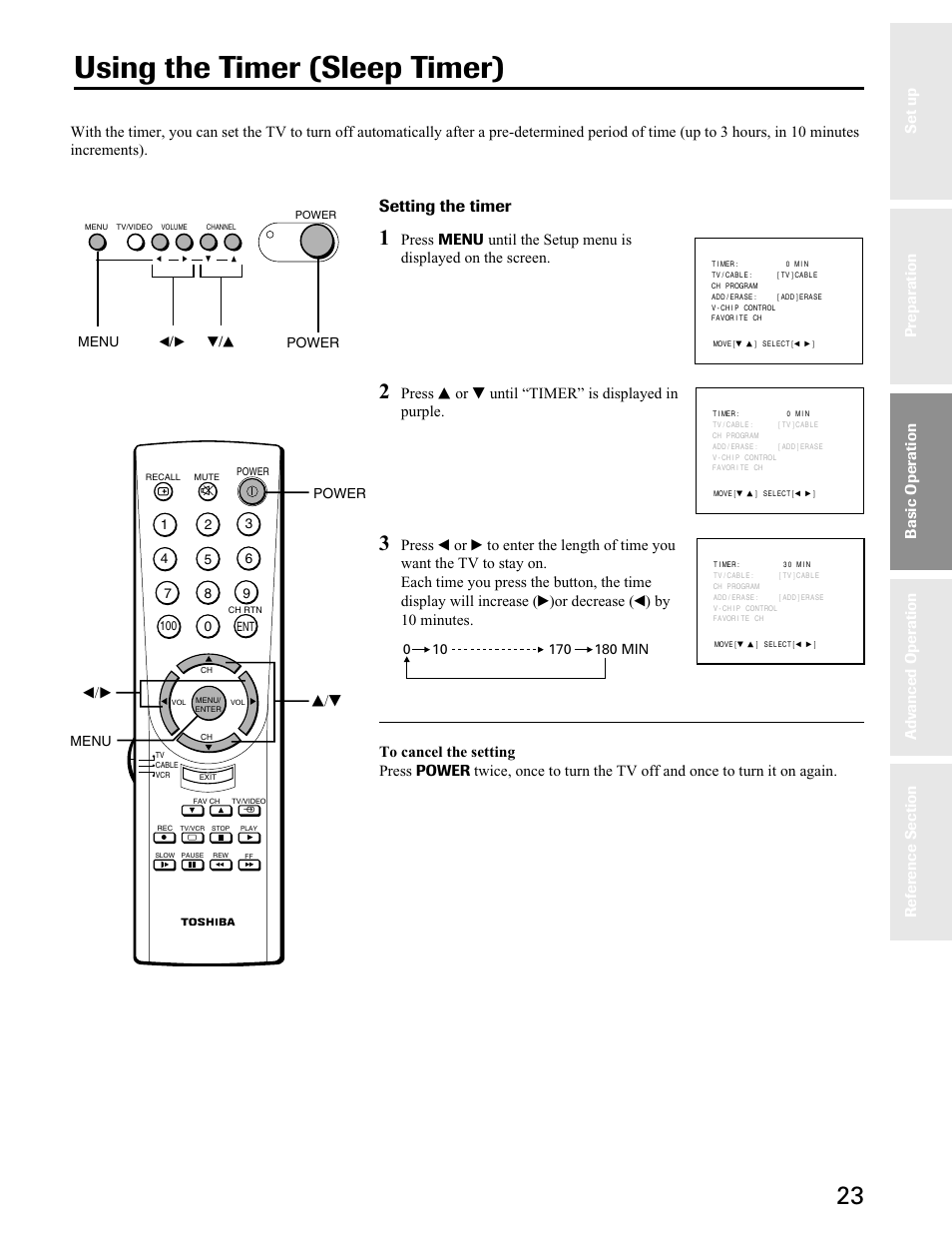 Using the timer (sleep), Using the timer (sleep timer), Setting the timer | S/t t/s, Press s or t until “timer” is displayed in purple, Basic operation, Power, Menu, Power t/s t/s menu | Toshiba 27A40 User Manual | Page 23 / 36