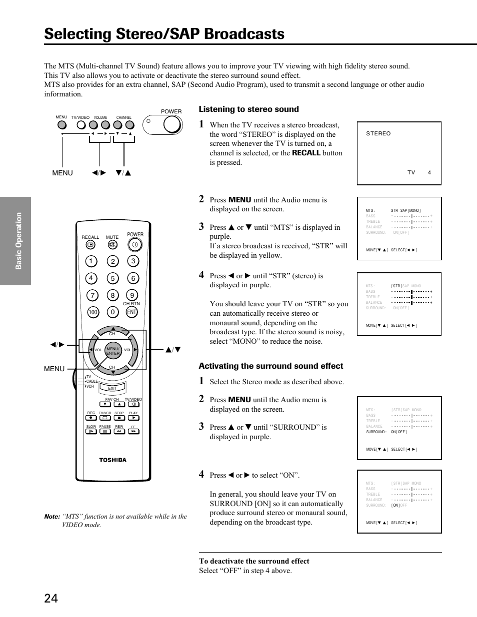 Selecting stereo/sap broadcasts, Listening to stereo sound, Activating the surround sound effect | Select the stereo mode as described above, T/s t/s, Menu | Toshiba 27A40 User Manual | Page 24 / 36