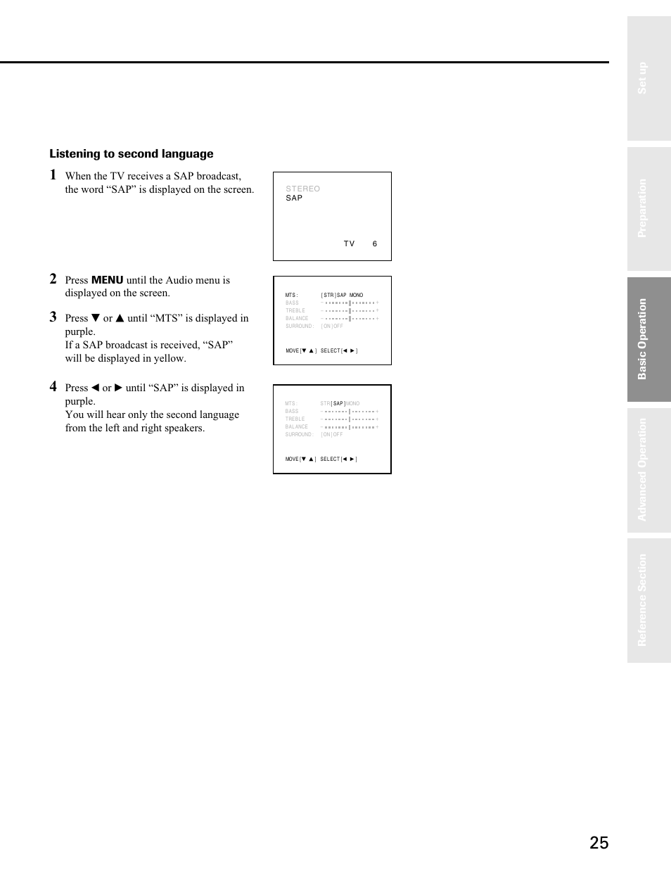 Listening to second language, Basic operation | Toshiba 27A40 User Manual | Page 25 / 36