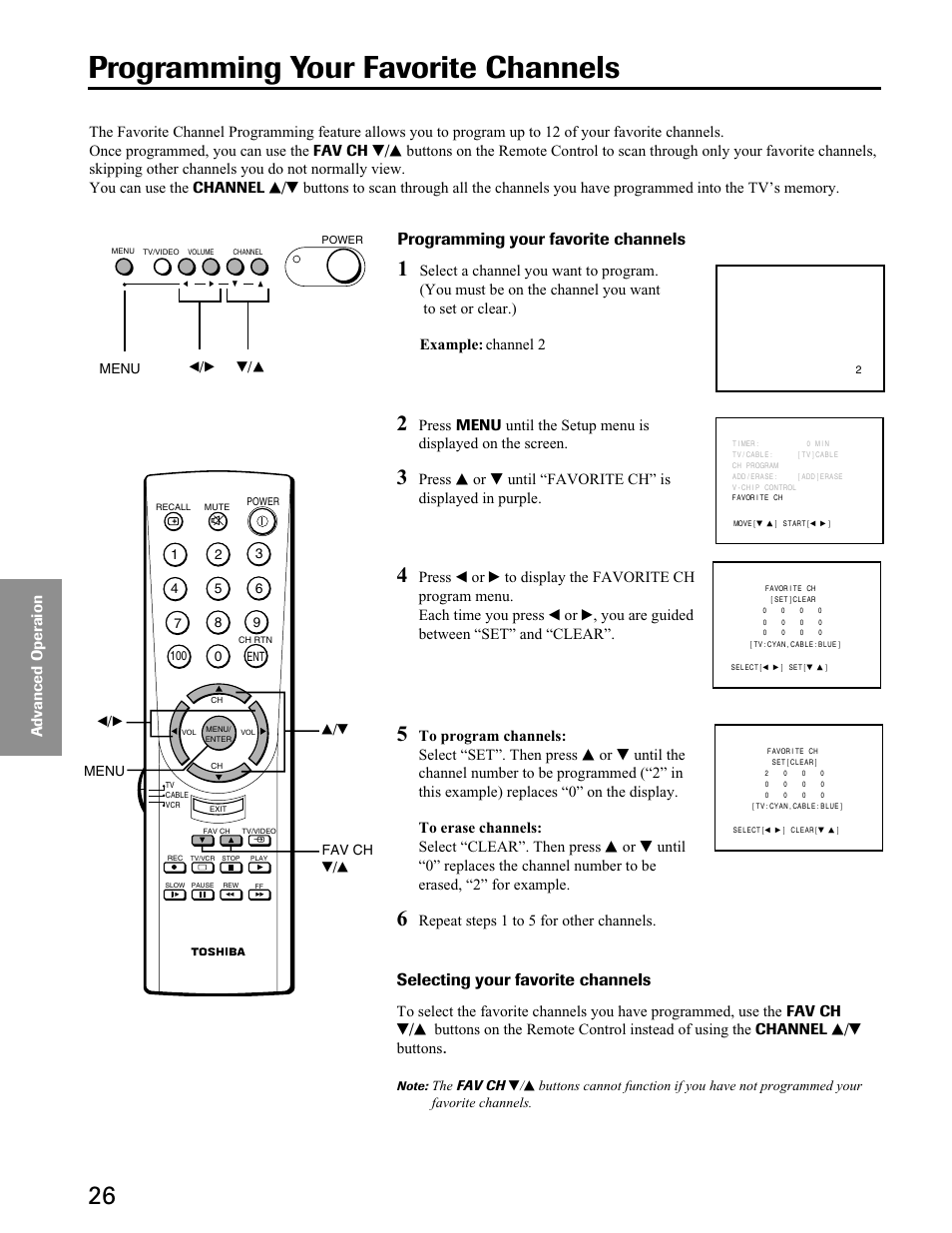 Advanced operation, Programming your favorite channels, Selecting your favorite channels | Repeat steps 1 to 5 for other channels | Toshiba 27A40 User Manual | Page 26 / 36