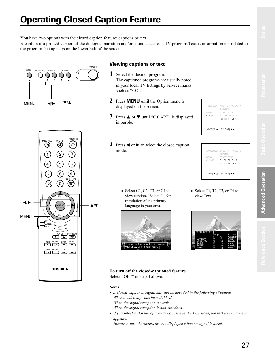 Operating closed caption feature, Viewing captions or text, Press s or t until “c.capt” is displayed in purple | Press t or s to select the closed caption mode, Advanced operation | Toshiba 27A40 User Manual | Page 27 / 36