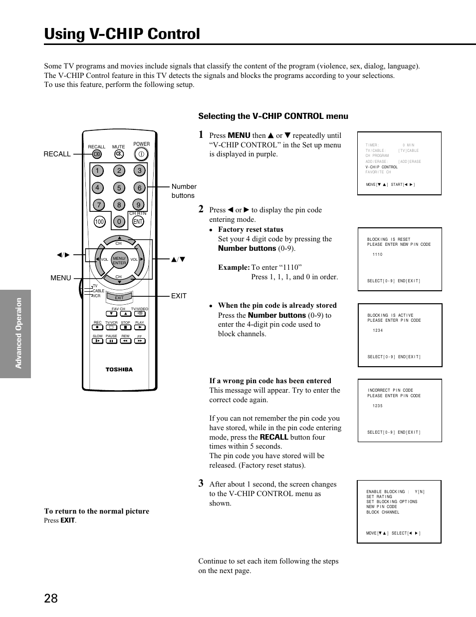 Using v-chip control, Selecting the v-chip control menu, Press t or s to display the pin code entering mode | Toshiba 27A40 User Manual | Page 28 / 36