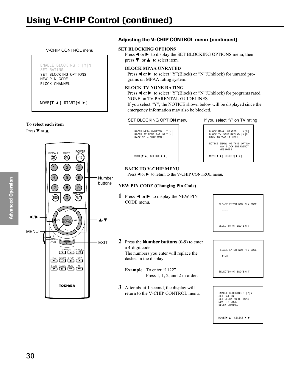 Using v-chip control (continued), Adjusting the v-chip control menu (continued) | Toshiba 27A40 User Manual | Page 30 / 36