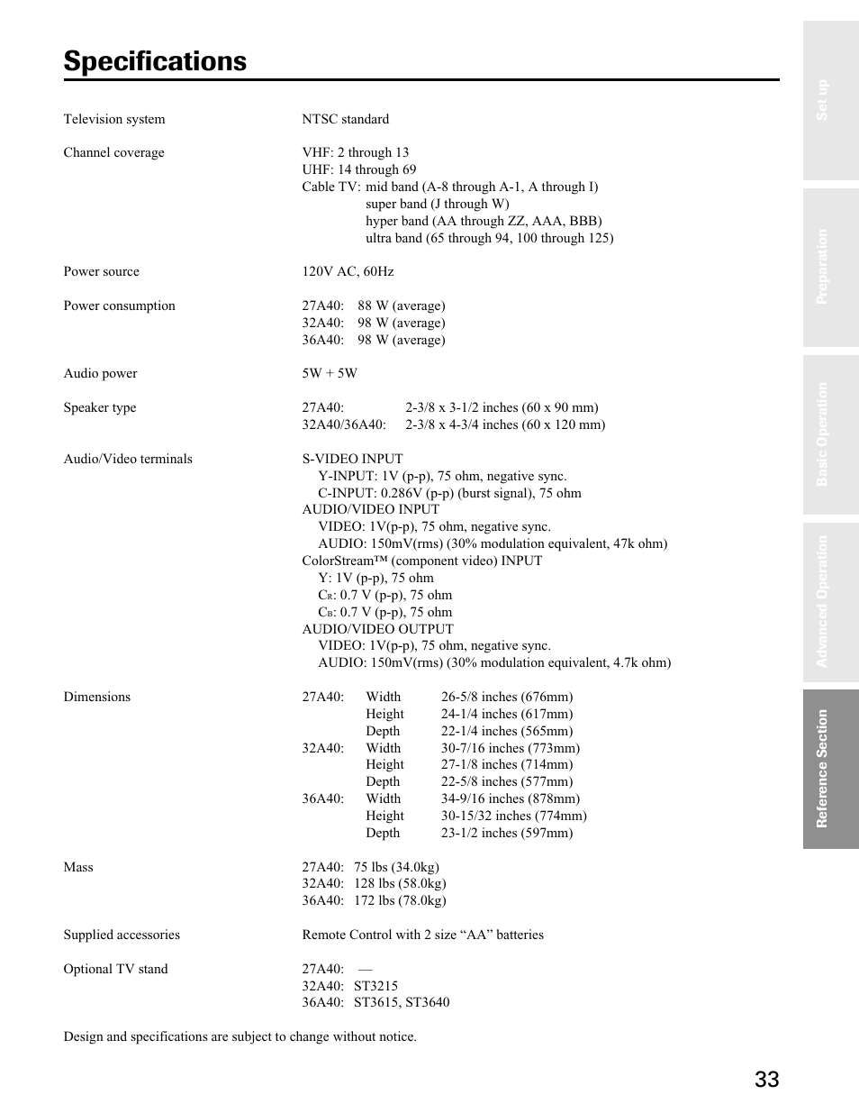 Specifications | Toshiba 27A40 User Manual | Page 33 / 36
