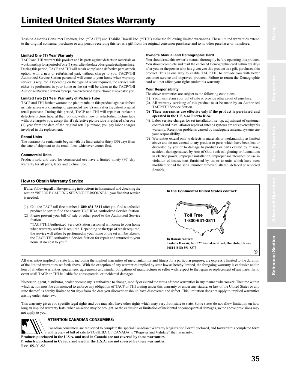 Warranty, Limited united states warranty | Toshiba 27A40 User Manual | Page 35 / 36