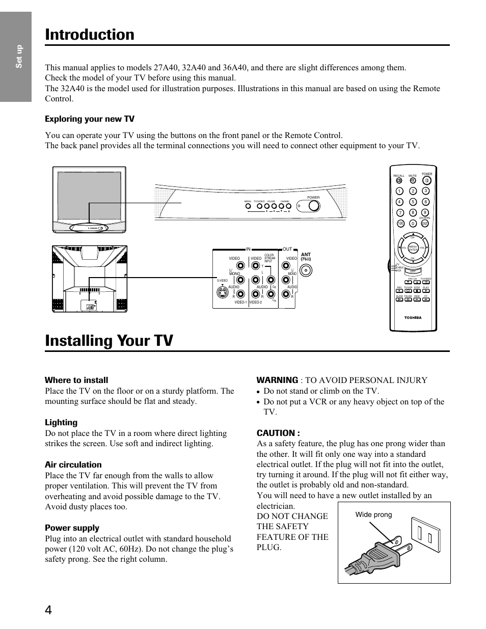 Set up, Introduction, Installing your tv | Do not stand or climb on the tv, Wide prong | Toshiba 27A40 User Manual | Page 4 / 36