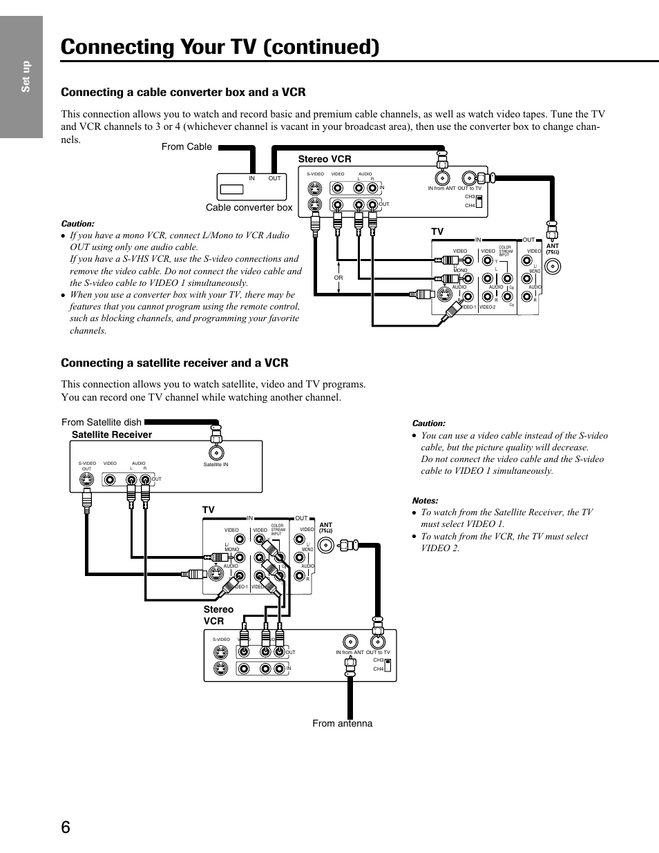 Satellite receiver and a vcr, Connecting your tv (continued), Connecting a cable converter box and a vcr | Connecting a satellite receiver and a vcr | Toshiba 27A40 User Manual | Page 6 / 36